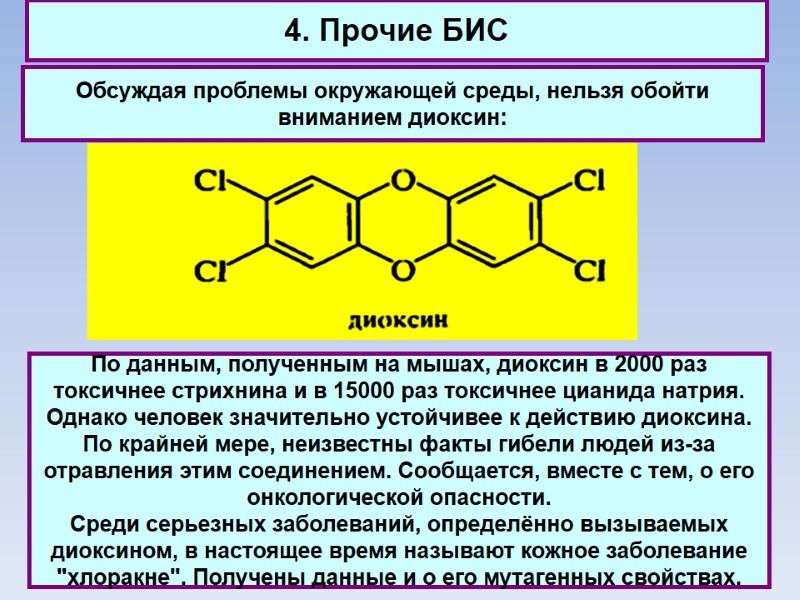 4. Прочие БИС Обсуждая проблемы окружающей среды, нельзя обойти вниманием диоксин: По данным, полученным